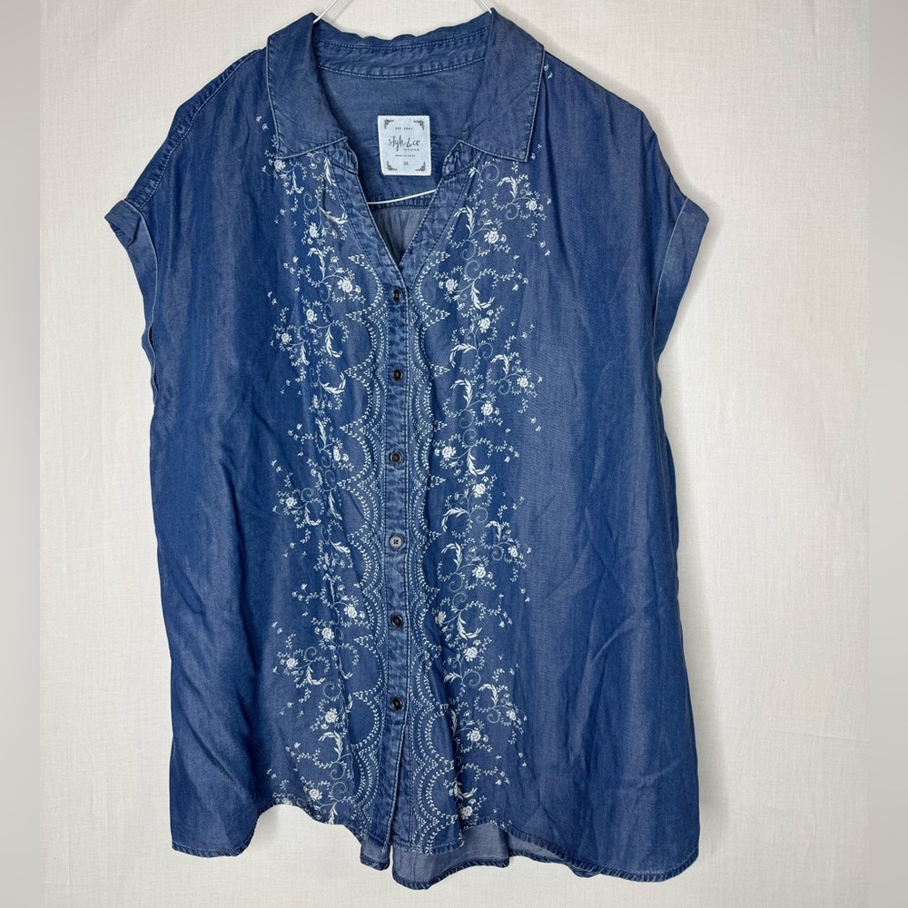 Style‎ & Co Womens Chambray Lyocell Front Button Floral Top Sz 2X Flowy Comfort
